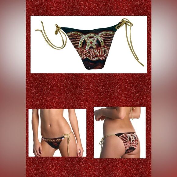 Betty Bangs Red & Black Dream On Aerosmith Rhinestone Cheeky Bikini Bottom - Picture 1 of 13